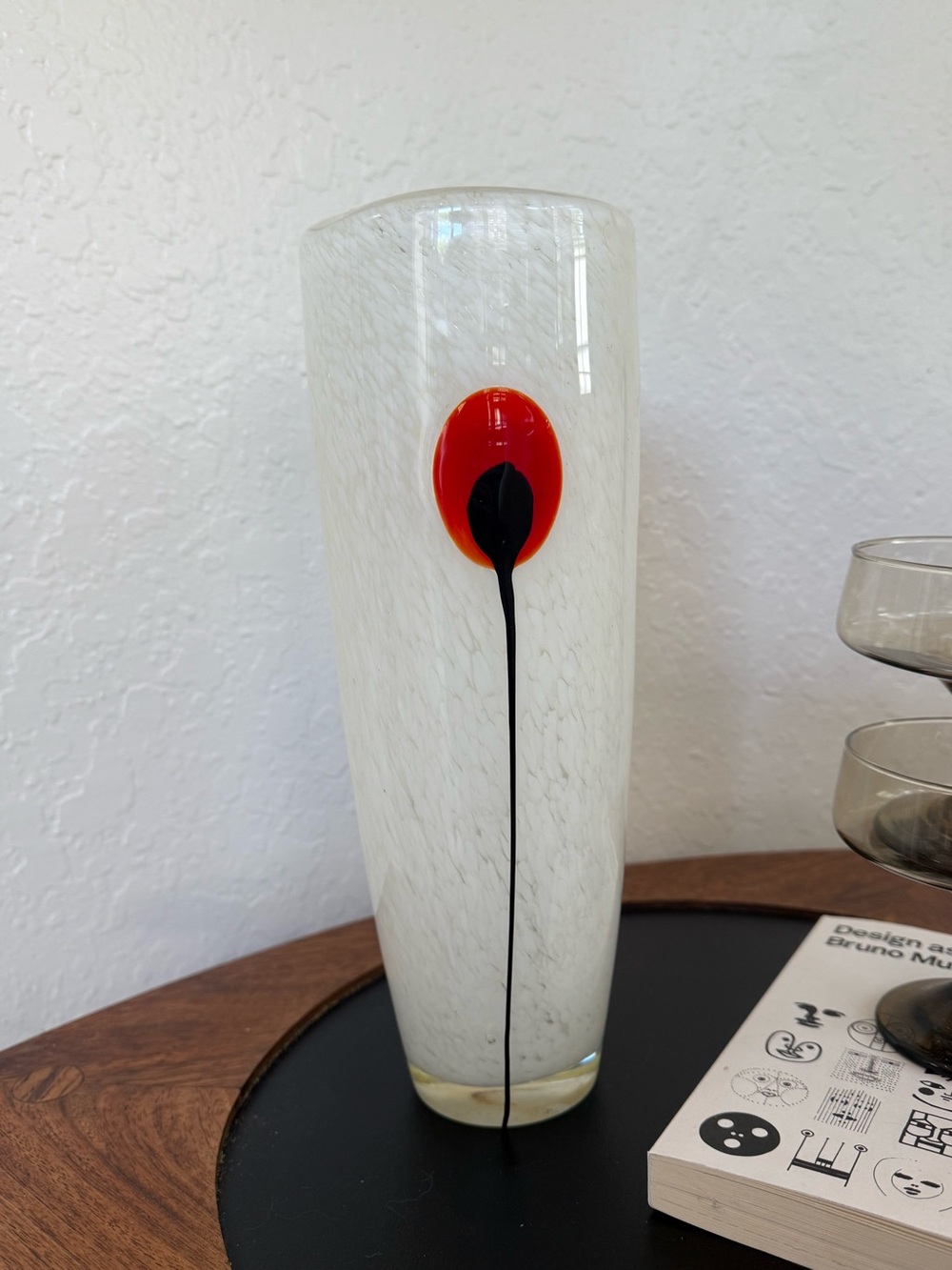 MCM White Art Glass Bud Vase with Red & Black Accent